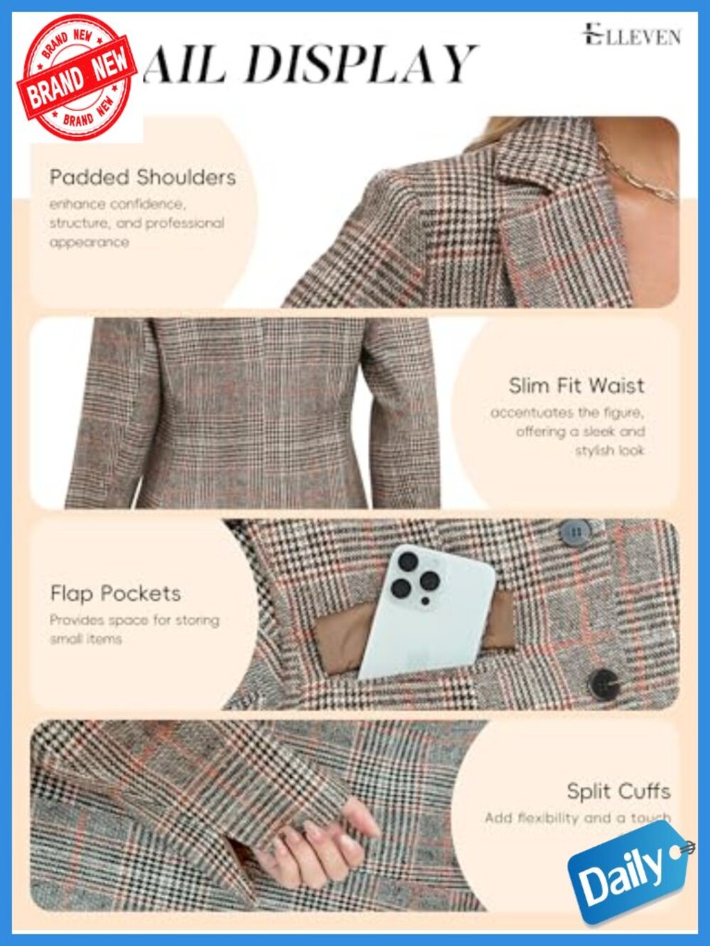 Women's Plaid Blazer Business Casual Work Office Suit Jacket Houndstooth Tweed - Picture 4 of 6